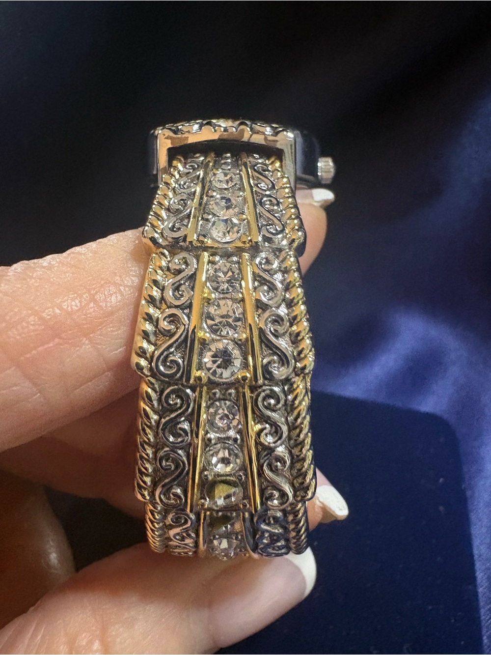 Watch Gold & Silver Tone Ornate Rhinestone Accent Quartz Link Bracelet - Picture 7 of 12